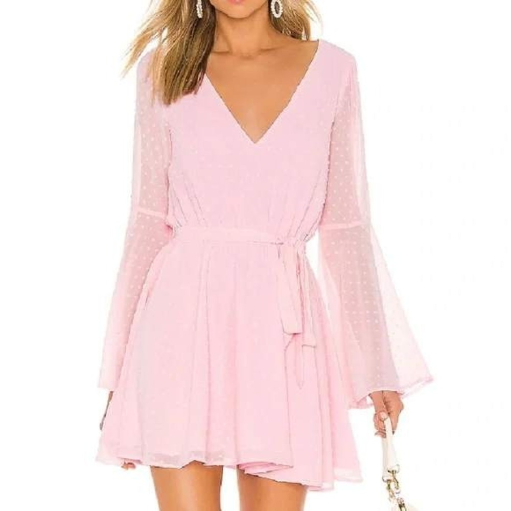 Lovers + Friends Lila Pink Swiss Dot Bell Sleeve Mini Dress XS V-Neck Tie Waist